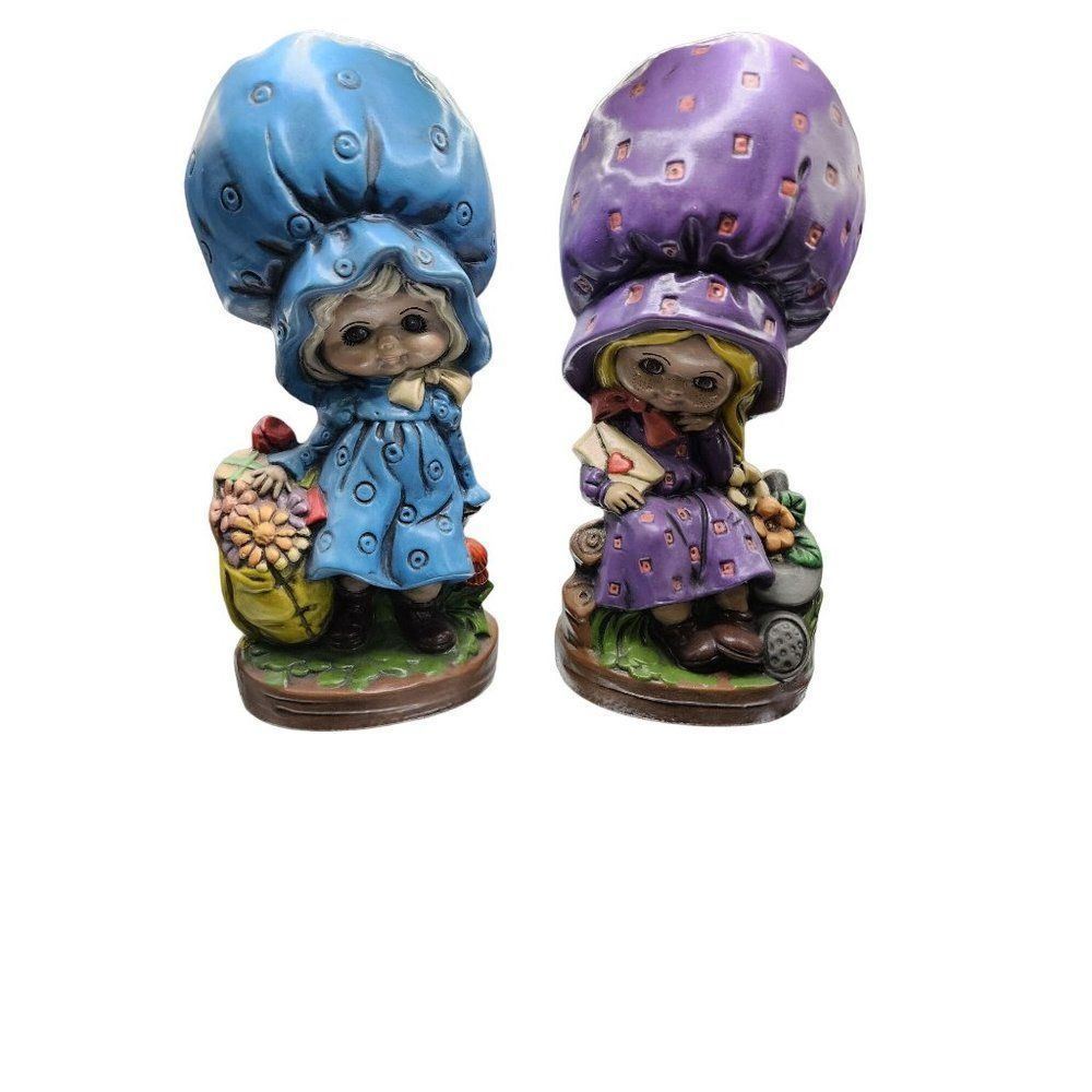 2- Vtg 1970’s Little Girl Big Purple & Blue Bonnet Ceramic Figure Statue 11” Tal